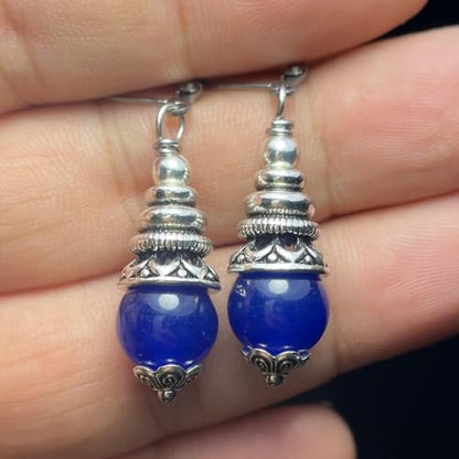 Natural 10mm Stone Beads Drop Earrings,Retro Silver Round Quartz Crystal Gemstone Beads Dangle Earrings for Women - color: A19_Blue Spinel