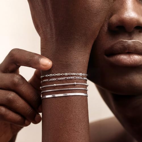 5Pcs Thin Silver Plated Bracelets Sets for Women Dainty | Silver Jewelry Trendy Stackable Rope Snake Box Figaro Chain Bracelets Pack Costume Fashion Gifts - style: 5Pcs BRACELET SET-04