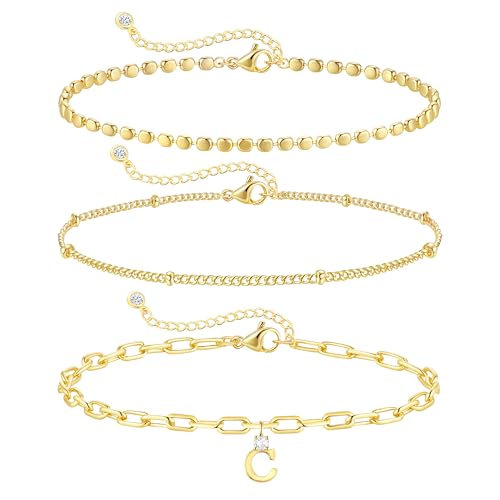 ZHESHY Gold Initial Bracelets for Women Dainty Letter A-Z Charm Bracelets Non Tarnish 14K Gold Plated Stackable Layered Paperclip Link Chain Bracelets Stack Set Personalized Gifts Womens Jewelry - color: Gold C
