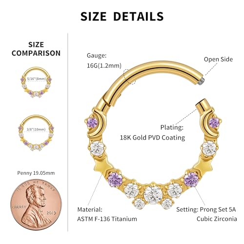 Celestial Titanium Hoop Collection - 16G 8mm/6mm ASTM F136 Titanium Star & Moon Daith, Cartilage, Septum Piercing Jewelry - Seamless Hinged Clicker Hoops - color: Star and Moon - Gold, size: 16G(1.2mm), 3/8"(10mm)