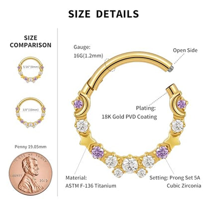 Celestial Titanium Hoop Collection - 16G 8mm/6mm ASTM F136 Titanium Star & Moon Daith, Cartilage, Septum Piercing Jewelry - Seamless Hinged Clicker Hoops - color: Star and Moon - Gold, size: 16G(1.2mm), 3/8"(10mm)