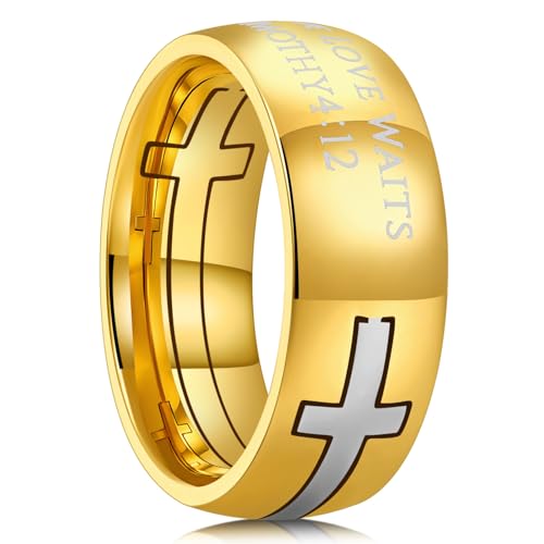 King Will Stainless Steel Men Ring Lord's Prayer Cross Ring Stainless Steel Men Wedding Ring, Wedding Band Bible Engraved Rings High Polished, Comfort Fit | 8mm, Gold/Silver/Black Wedding Band, Bible Engraved Rings, High Polished, Comfort Fit, Size 7-14 -