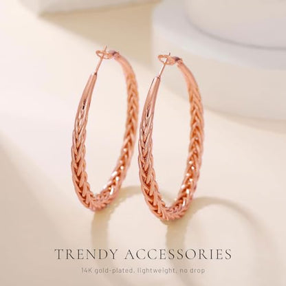 Senteria 925 Sterling Silver Post Twisted Hoop Earrings for Women 30-50MM | Hypoallergenic Large Silver Hoop Earrings for Women,Lightweight Thick Weave Braid Hoops,Nickel Lead-Free for Sensitive Ears - color: 50mm rose gold