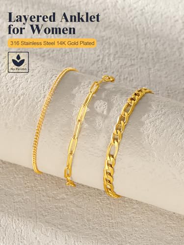 U7 2Pcs/3Pcs Ankle Bracelets for Women, Stainless Steel Cuban Link/Figaro/Rope/Heart Chain Anklets Sets,Waterproof Layered Anklets Adjustable 8.5"-10.5" - color: 05.3Pcs Style C-Gold