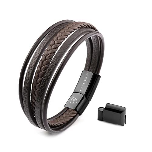 LONDON Mens Bracelet Leather Black Multi-Layer Stone Beads Adjustable Steel Clasp Viking Rope Bands Surfer Man Wristband Male UK Jewellery Gift box Boyfriend Dad Son Brother Tiger Eye - color: D. 19-22cm Brown Leather Adjustable, size: Medium to Large 20-