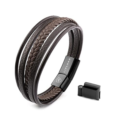 LONDON Mens Bracelet Leather Black Multi-Layer Stone Beads Adjustable Steel Clasp Viking Rope Bands Surfer Man Wristband Male UK Jewellery Gift box Boyfriend Dad Son Brother Tiger Eye - color: D. 19-22cm Brown Leather Adjustable, size: Medium to Large 20-