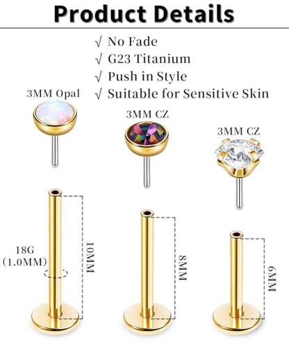 16G 18G 20G 3PCS G23 Titanium Push in Labret Monroe Stud Threadless Lip Ring Opal CZ Nose Stud Pure Titanium for Sensitive Skin Cartilage Helix Tragus Earrings Stud 6MM 8MM 10MM - style: 18G-Gold