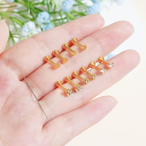 Uni-J 10pcs 20G/18G/16G Threadless Push-in Tragus Conch Cartilage Flat Back Helix Labret Monroe Lip Ring Daith Piercing Jewelry - color: 20G Gold 6mm