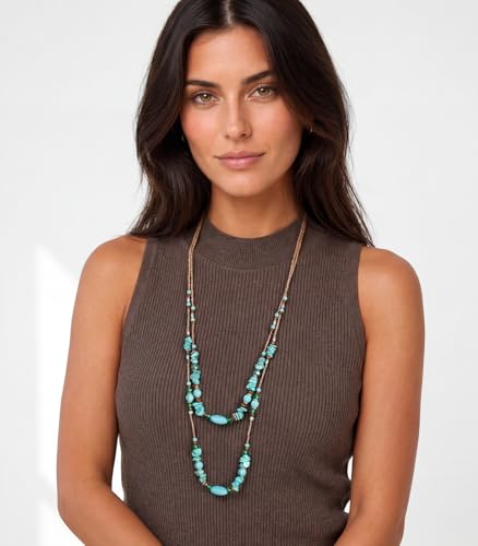 Noessla Boho Long Beaded Necklaces for Women Double Layer Chunky Irregular Stone Beads Strand Statement Jewelry Mothers Day Gifts - color: Turquoise
