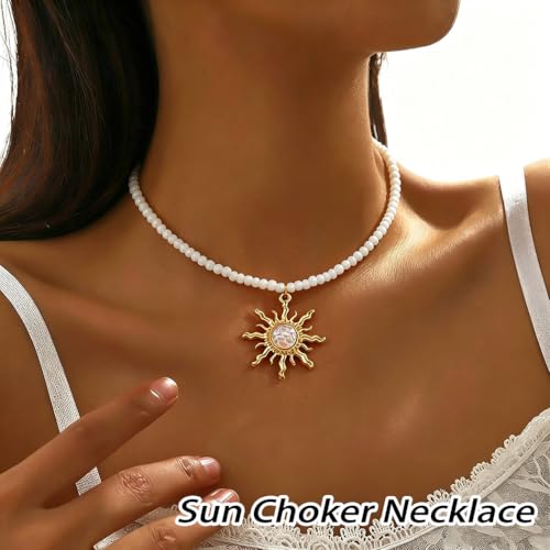 Tgirls Boho Beaded Choker Necklace Opal Bead Necklace Sun Pendant Summer Jewelry for Women - color: White