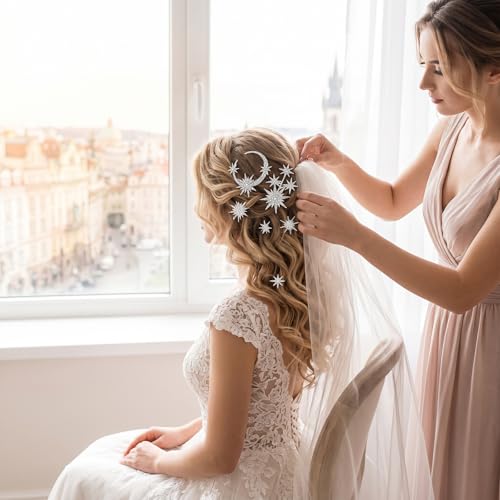 6 Pcs Hair Pins Rhinestone Celestial Crystal Goddess Style Hair Pieces Bride Bridal Wedding Side Clip Set Star Moon Decorative Barrettes Headdress Accessoriesfor Girls Women (Silver)