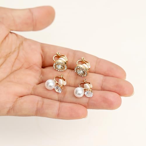 13 Pairs Clip on Earrings for Women Chunky Non Pierced Hoop Earrings CZ Pearl Knot Croissant Tube Twist Stud Hoop Clip on Earring Set Fake Earrings Clips Jewelry 14K Gold Silver Plated - color: Gold