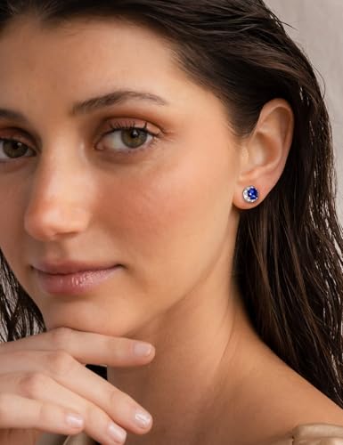 Dainty Birthstone Earrings for Women Sterling Silver Small Stud Earrings with Halo Cushion/Round Created Gemstone Earrings Birthstone Jewelry - style: B 09. Sep./created blue sapphire-round cut