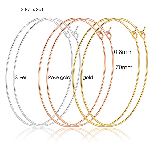 Multipack Dainty Large Thin Gold Hoop Earrings for Women Hypoallergenic Earrings Lightweight 30mm 50mm 60mm 70mm Gold/Silver/Rose Gold Hoop Earrings - style: 3 Pairs-70mm