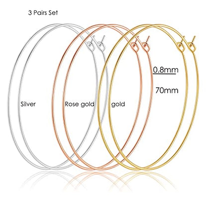 Multipack Dainty Large Thin Gold Hoop Earrings for Women Hypoallergenic Earrings Lightweight 30mm 50mm 60mm 70mm Gold/Silver/Rose Gold Hoop Earrings - style: 3 Pairs-70mm