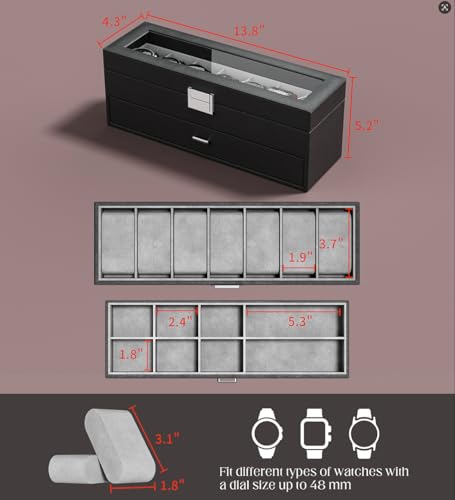 Watch Case Box for Men - 7 SLots Watches Storage Organizer Real-Glass Display Case with Jewelry Drawer 2-Layer PU Leather Collection Holder Gift for Loved Ones Black - size: 7 Slots, Black