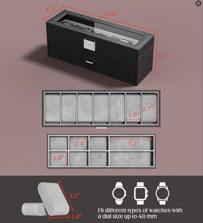 Watch Case Box for Men - 7 SLots Watches Storage Organizer Real-Glass Display Case with Jewelry Drawer 2-Layer PU Leather Collection Holder Gift for Loved Ones Black - size: 7 Slots, Black