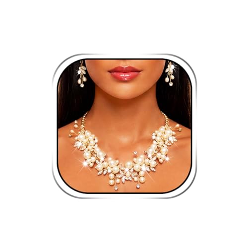 Sixexey Bridal Wedding Jewelry Set Gold Pearl Necklace Jewelry for Women | Crystal Rhinestone Necklace and Earrings Prom Costume Jewelry for Women and Brides
