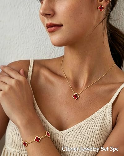 Clover Jewelry Set 3 PC - 18K Gold Plated Stainless Steel Y Necklace Four Leaf Pendant, Clover Bracelet Charm, 4leaf Earrings, Hypoallergenic Non-Tarnish, Lucky Jewelry Gifts for Women Mom - color: Dark Red/Gold