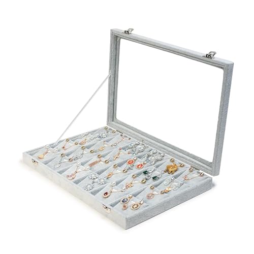 Jewelry Box Necklace Organizer Tray, Gray Necklace Display Case Storage Jewelry Necklaces Display Stand 24 Slot Pendant Holder for Women - color: Light Gray, size: Necklace display Case with Glass Lid 24 Slot