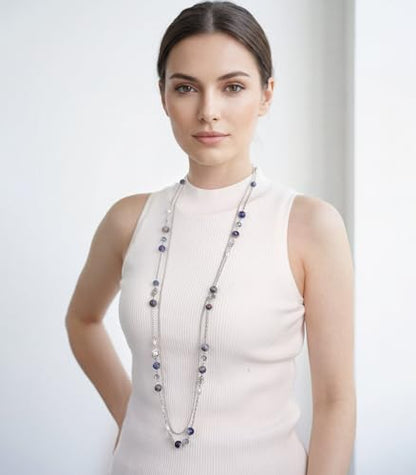 FULU AUTUMN Long Layered Silver Necklaces for Women - Natural Stone and Dainty Flower Beaded Sweater Chain Fashion Jewelry Gifts - color: Blue