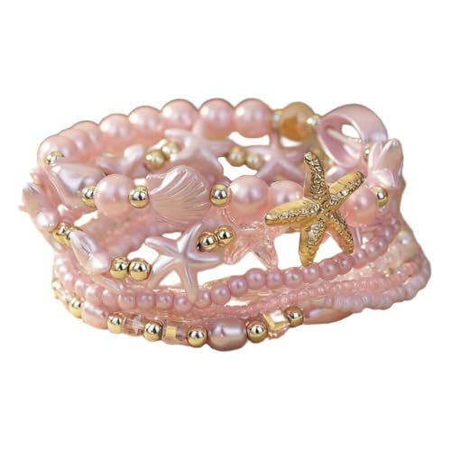 Boho Stackable Beaded Bracelet Set, Pink, Starfish Shell Pearl Charms, Elastic Handmade Layered Stretch Bracelets, Summer Beach Holiday Jewelry for Women - color: Pink E