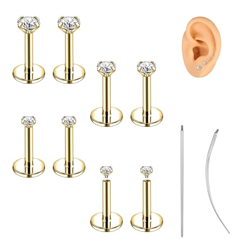 18G/16G Labret Jewelry Surgical Steel Internal Thread | CZ Stud, Lip Nose Piercing Studs, Flat Back, Medusa Monroe Lip Cartilage Earring, 2/2.5/3/4mm CZ - color: 18G,5mm-bar,2/2.5/3/4mm-CZ,Gold
