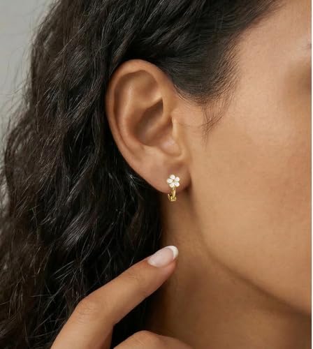 Reffeer Solid 925 Sterling Silver Flower Hoop Earrings Huggie for Women Teen Girls Daisy Hoop Earrings Cartilage Helix Earrings - color: B-Yellow