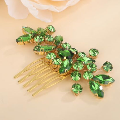 Dainty Teardrop Rhinestone Crystal Wedding Hair Comb Handmade Hair Side Comb Women Girls Wedding Headpiece Silver Gold Wedding Hair Accessories for Brides Bridesmaid (green) - color: green