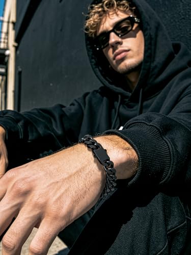 Richsteel Gold/Black/Silver Cuban Link Bracelet for Men,5/7/9/12MM Width | 316L Stainless Steel Chain Wrist Bracelet, Waterproof, No Tarnish, Hypoallergenic Hip Hop Jewelry, with Gift Box - color: 03-Black Plated 12mm Width
