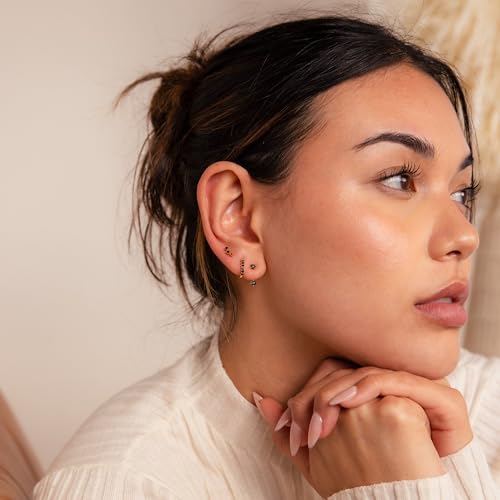 3 Pairs Huggie Hoop Earring Set 18K Gold Plated Cubic Zirconia Cartilage Earrings, Multi Piercings Ear Jacket Earring Climber Stud Earring for Women Everyday Earrings - color: Silver Black Cubic Zirconia Hoop