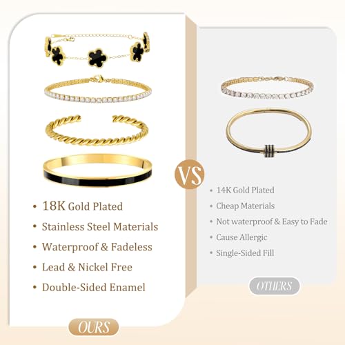 MOINSPIRE Gold Bracelets for Women, 18K Gold Plated Tennis Nail Clover love Bangle Bracelets Set Non Tarnish, Stainless Steel Trendy Stackable Bracelet Fashion Jewelry Accessories Gifts for Christmas - color: B2-Black