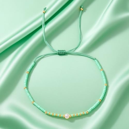 Boho Colorful Glass Gold Plated Seed Beaded Bracelets or Women, Handmade Romantic Freshwater Pearl Adjustable String Braided Rope Jewelry, Summer Beach Daily Party Friendship Gift - color: Green