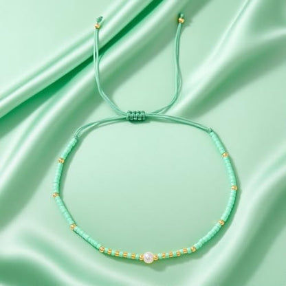 Boho Colorful Glass Gold Plated Seed Beaded Bracelets or Women, Handmade Romantic Freshwater Pearl Adjustable String Braided Rope Jewelry, Summer Beach Daily Party Friendship Gift - color: Green