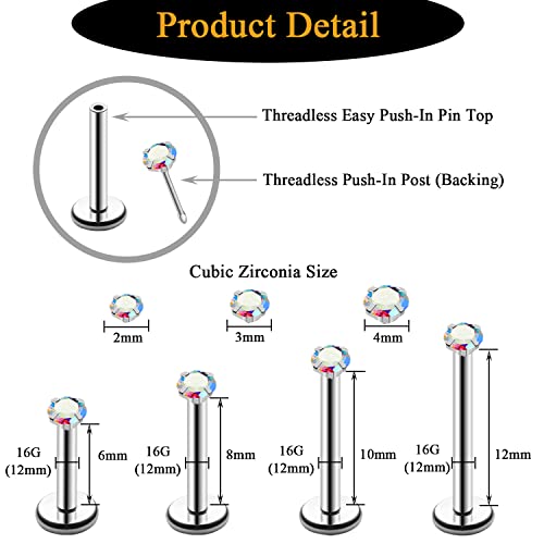 20G 18G 16G Push in Threadless Nose Stud Rings for Women Men Surgical Steel Tragus Earrings Flat Back Nose Studs CZ Cartilage Earrings 6mm 8mm Labret Studs Monroe Lip Piercing Jewelry - color: 2/ 3/ 4mm AB-White CZ/ 12mm Bar/ Silver/ 6Pcs, size: 16G