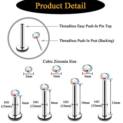 20G 18G 16G Push in Threadless Nose Stud Rings for Women Men Surgical Steel Tragus Earrings Flat Back Nose Studs CZ Cartilage Earrings 6mm 8mm Labret Studs Monroe Lip Piercing Jewelry - color: 2/ 3/ 4mm AB-White CZ/ 12mm Bar/ Silver/ 6Pcs, size: 16G