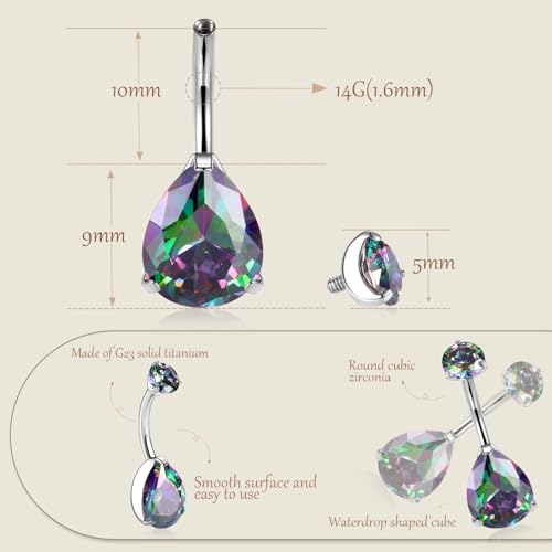 AROWRO Gold Belly Button Ring G23 Titanium Hypoallergenic 14G belly ring for Women Men Teardrop Navel Piercing Jewelry 10mm Barbell With Cubic Zircon - color: Silver+Teardrop Vitrail Medium CZ