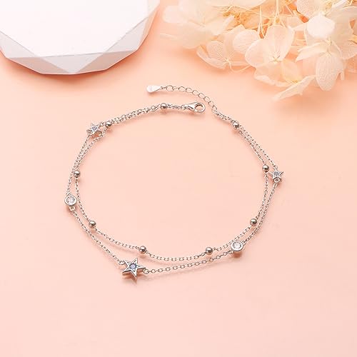 DAOCHONG Double Foot Chain Layer Ankle Bracelets for Women S925 Sterling Silver 3 Blue Stars Beads Chain Double Layer Anklet Beach Jewelry Anklet 9+1.5 inches - style: 02_Three Star