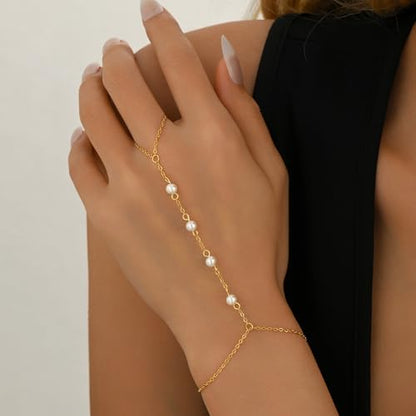 Gold Hand Chain Bracelet for Women 18K Gold Plated Stainless Steel Ring Bracelet Hand Chain with Pearl Star CZ Adjustable Hand Jewelry Chain Gifts - color: Y 4Pearl-Gold