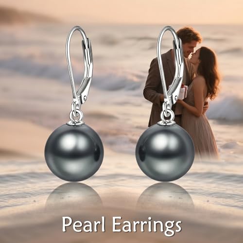 925 Sterling Silver Pearl Leverback Earrings Dangle Drop Jewelry Gifts for Women - style: Dark Gray Pearl