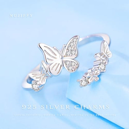 Rings for Women Butterfly Ring 925 Sterling Silver Rings Adjustable Promise Open Ring for Women Couple Wedding Engagement Jewelry Gifts - style: Butterfly