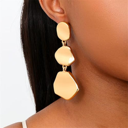 Dainty Alloy Retro Smooth Geometric Circular Lightweight Dangle Drop Earrings Gold-plated Irregular Stud Earrings for Women - style: Gold