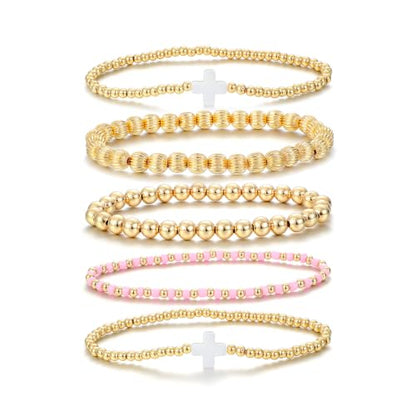 Dainty Gold Plated Pearl Crystal Beaded Bracelets Set for Women 14K Gold Plated Bead Pearl Beads Bracelet Stackable Paperclip Link Chain Bracelets Gold Plated Bracelets for Women Trendy Jewelry - color: Style4-gold bracelets set6