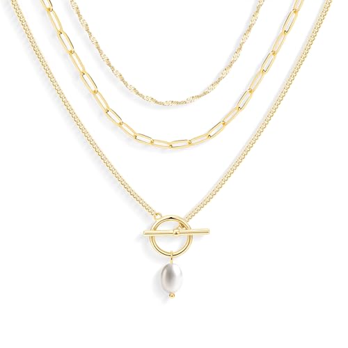 Poxtex Layered Gold Necklaces for Women, Stackable Dainty 14K Gold Silver Plated Trendy Simple Heart Diamond Cross Bow Circle Pendant Paperclip Choker Dot Chain Necklace,Jewelry Set Gifts for Women - color: Gold, style: Pearl1