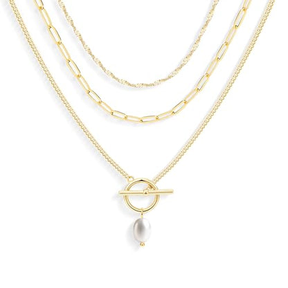 Poxtex Layered Gold Necklaces for Women, Stackable Dainty 14K Gold Silver Plated Trendy Simple Heart Diamond Cross Bow Circle Pendant Paperclip Choker Dot Chain Necklace,Jewelry Set Gifts for Women - color: Gold, style: Pearl1