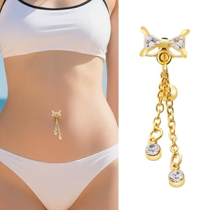 14G CZ Bowknot Reverse Belly Button Rings for Women Stainless Steel Pink Purple Crystal Bow Chains Tassel Dangle Belly Navel Rings Navel Curved Barbell Body Piercing Jewelry - color: Pink