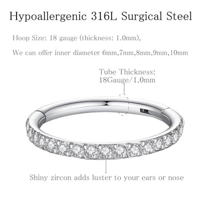 ORANGELOVE 20G 18G 16G Clear CZ Nose Ring Hoop 316L Surgical Steel Seamless Silver Septum Ring Clicker Jewelry Cartilage Earring Ear Piercing Hoop Earrings for Women Men Helix Rook Lobe Conch Tragus Daith Lip Hinged Piercing Jewelry with Cubic Zirconia -