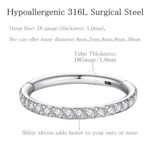ORANGELOVE 20G 18G 16G Clear CZ Nose Ring Hoop 316L Surgical Steel Seamless Silver Septum Ring Clicker Jewelry Cartilage Earring Ear Piercing Hoop Earrings for Women Men Helix Rook Lobe Conch Tragus Daith Lip Hinged Piercing Jewelry with Cubic Zirconia -