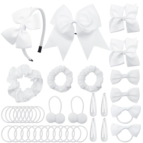 LACGO Pack of 37 School Uniform Hair Bow Accessories - Wedding Bridesmaid Grosgrain Hair Clips Bow Headband Ribbon Alligator Ponytail Holder for Toddlers Teen Girls Uniform Party Prom(White) - color: White