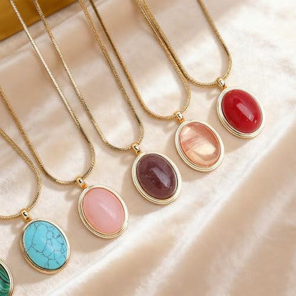 Sonateomber Gold Stone Pendant Necklace for Women, Chunky Statement Dainty Heart Oval Natural Gemstone Dangle Necklaces Wedding Prom Accessories Fashion Jewelry Gift - color: Blue Turquoise